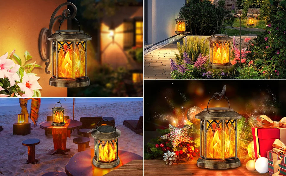 2 Pack Upgraded Flickering Flame Solar Lanterns Lights Outdoor, Solar Hanging Lights Outdoor for Garden, Bronze/Black