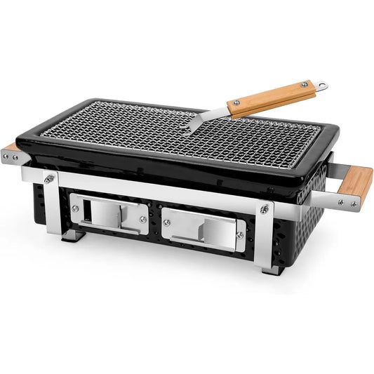 Onlyfire Charcoal BBQ Grill Hibachi Grill with Grid Lifter, Portable Yakitori Grill with Stainless Steel Grate, Barbecue Stove f