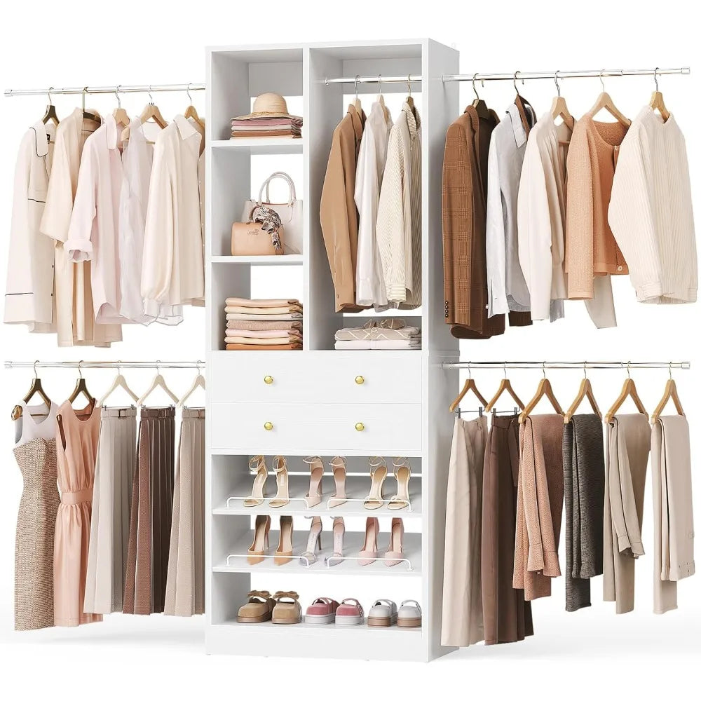 Closet System, 4-8.8 FT Closet Organizer with 2 Wooden Drawers and Shelves, Walk-in Closet System with 5 Hang Rods, Built-in Rea
