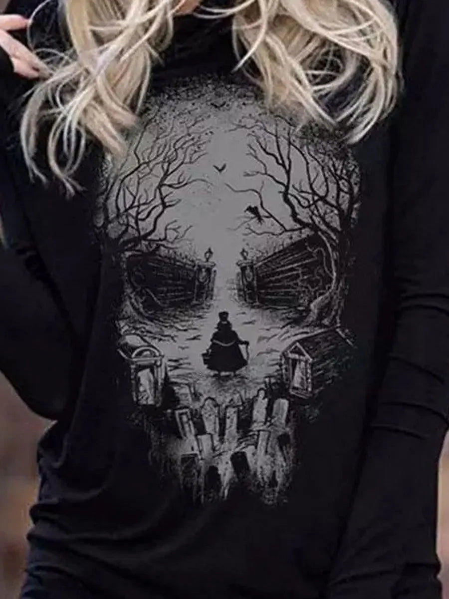 Women s Long Sleeve Halloween Skull Print Hooded Hoodies Shirts Spring Fall Casual Tops Streetwear Fashion Pullover Sweatshirt