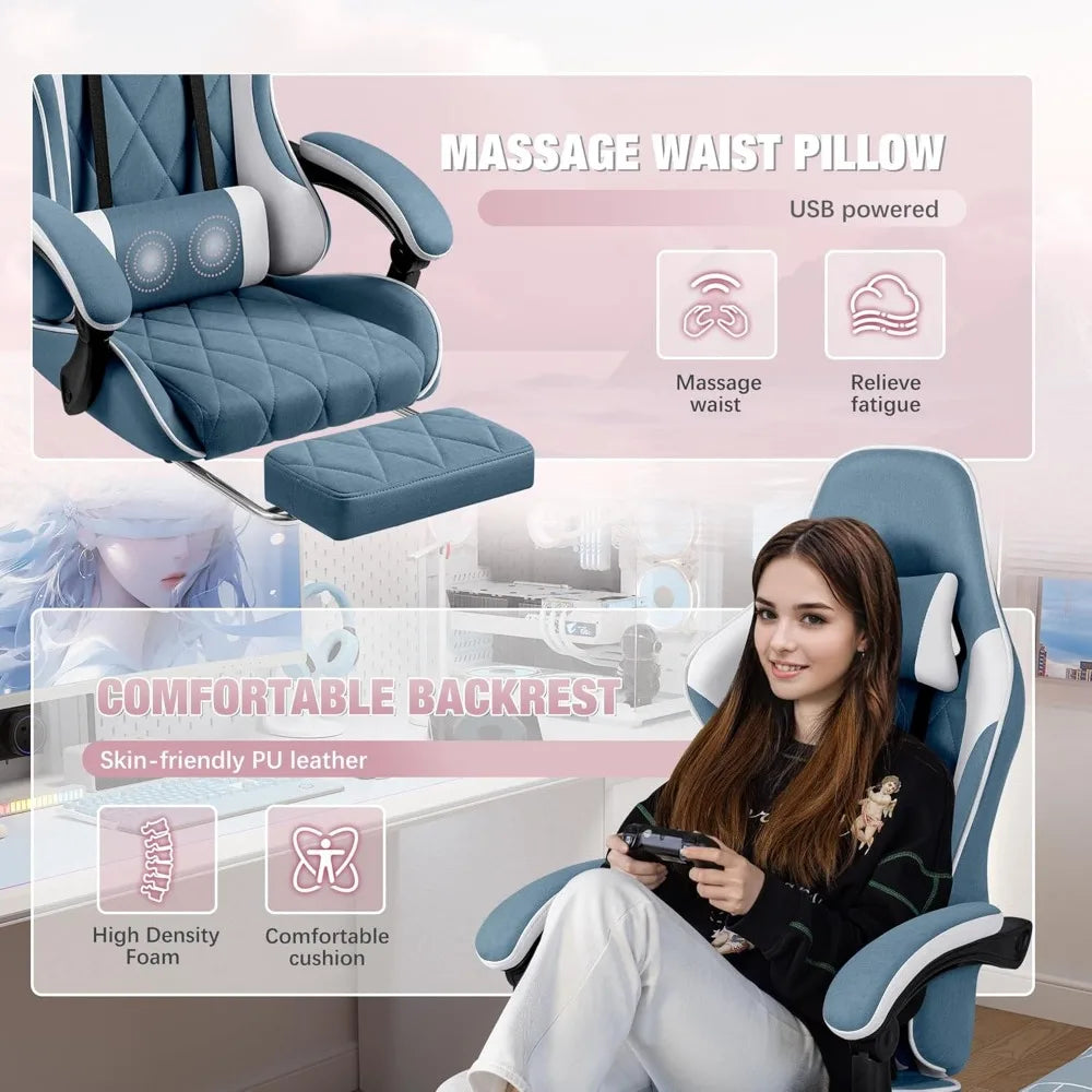 Gaming Chair, Computer Chair with Footrest and Massage Lumbar Support, Breathable Fabric High Back Video Game Chair with Swivel
