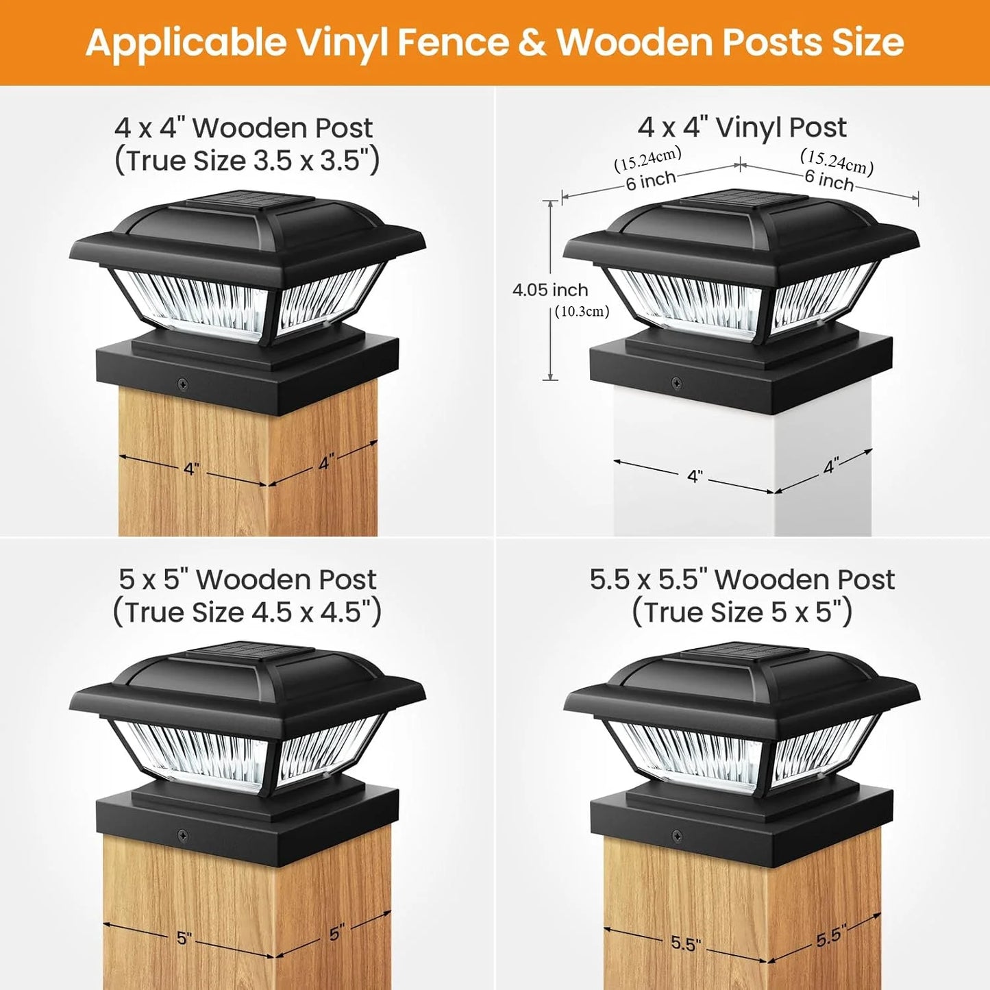 6/12 Pack Solar Post Cap Lights, White/Black, Fits 3.5x3.5-5.5x5.5 Posts for Garden/Fence/Deck/Yard