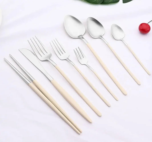 Silverware Set, 8-piece Pink Gold Stainless Steel Set(Off-White Silver,6Set)