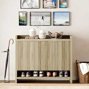 49.4" Fluted Shoe Cabinet, 3 Hinge Doors and 5 Shelves, Shoe Storage Organzier Rack with Handle for Entryway Hallway Bedroom Liv