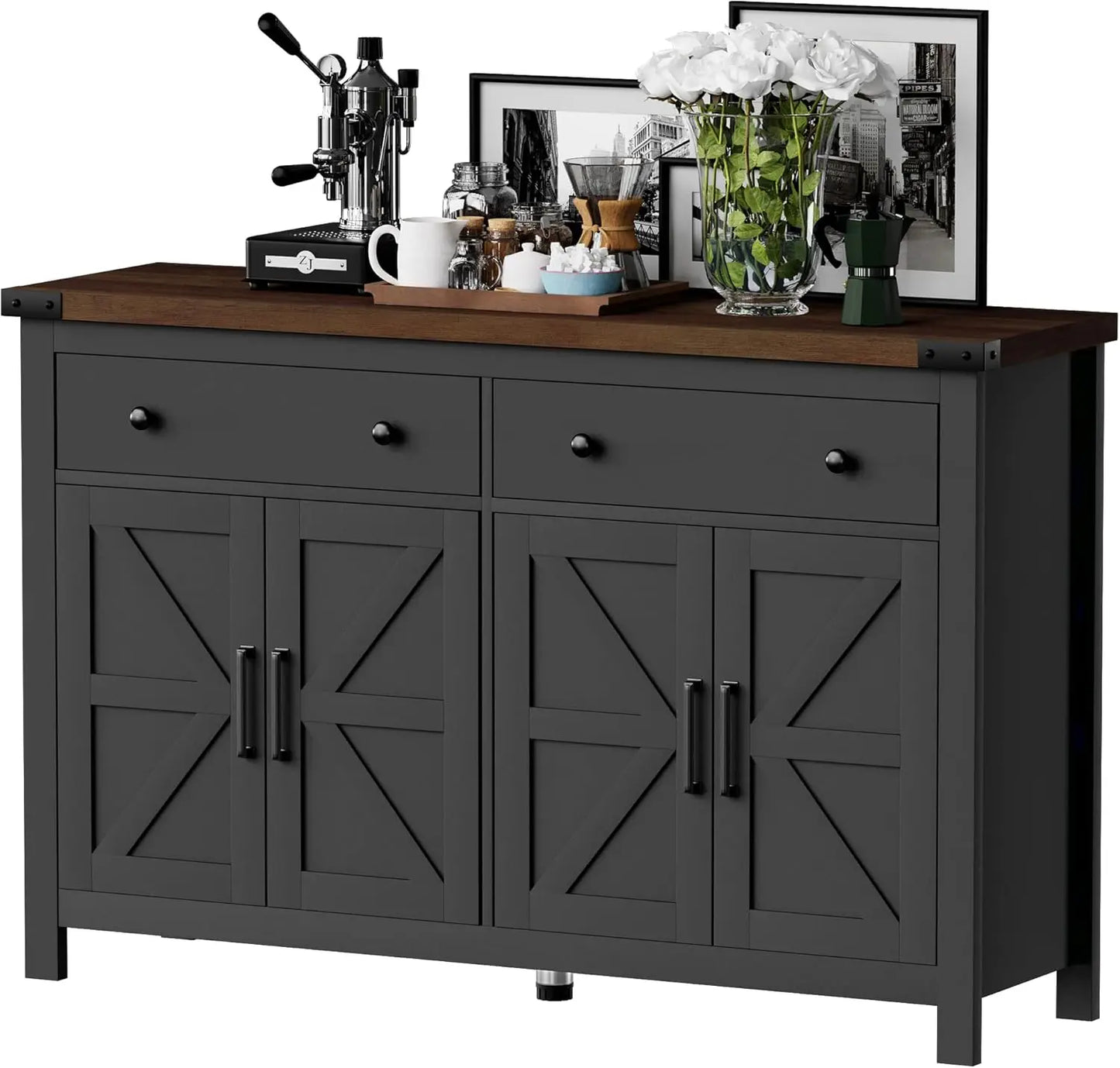 Buffet Cabinet with Storage Farmhouse with 4 Doors and 2 Drawers, 55'' Large Kitchen Storage Cabinet Cherry Wood Coffee Bar