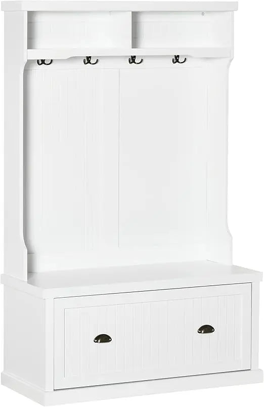 Entryway Bench with Coat Rack, 4 Double Hooks and 2 Compartments, Hall Tree with Bench and Shoe Storage for Hallway, Living Roo