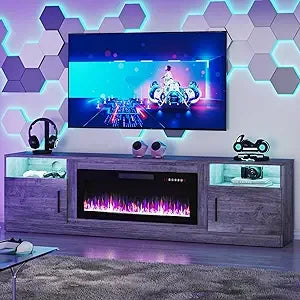 Fireplace TV Stand Entertainment Center with 36" Fireplace, 70" Wooden TV Stand for TVs Up to 80",Media TV Console with High Gl