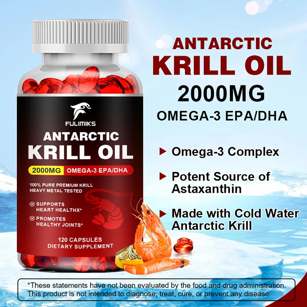 Antarctic Krill Oil 2000mg, Omega-3 EPA, DHA, with Astaxanthin Supplement Sourced from Red Krill, Maximum Strength- 120 Capsules