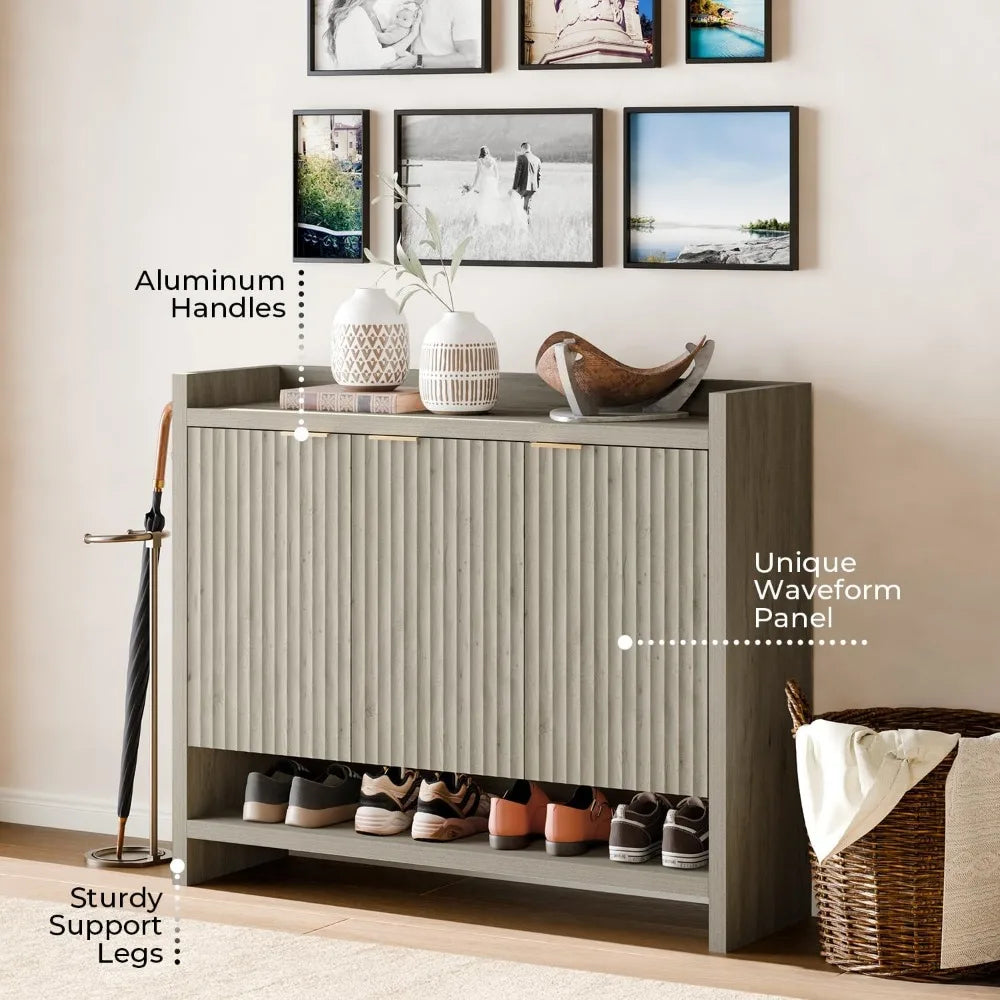 49.4" Fluted Shoe Cabinet, 3 Hinge Doors and 5 Shelves, Shoe Storage Organzier Rack with Handle for Entryway Hallway Bedroom Liv