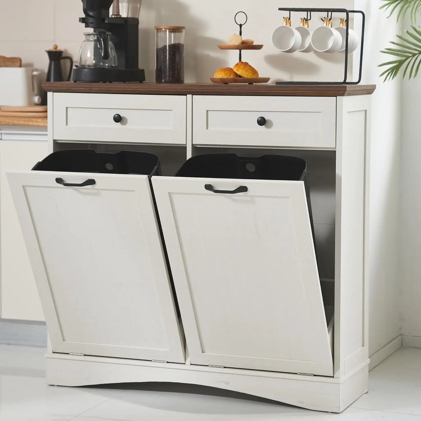 Double Tilt Out Trash Cabinet Freestanding Kitchen Trash Cabinet, 2x13 Gallons Hidden Garbage Recycling Cabinet with Hideaway
