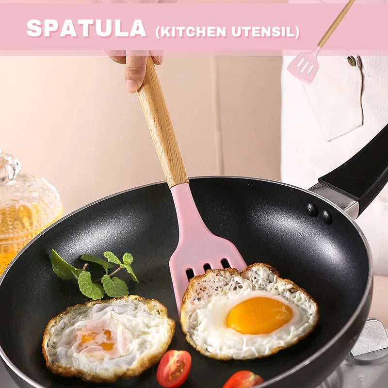 Silicone Cookware Set 12pcs Kitchen Utensil Wooden Handle Non-stick Spatula Shovel Spoon Kitchen Cooking Specialty Tools