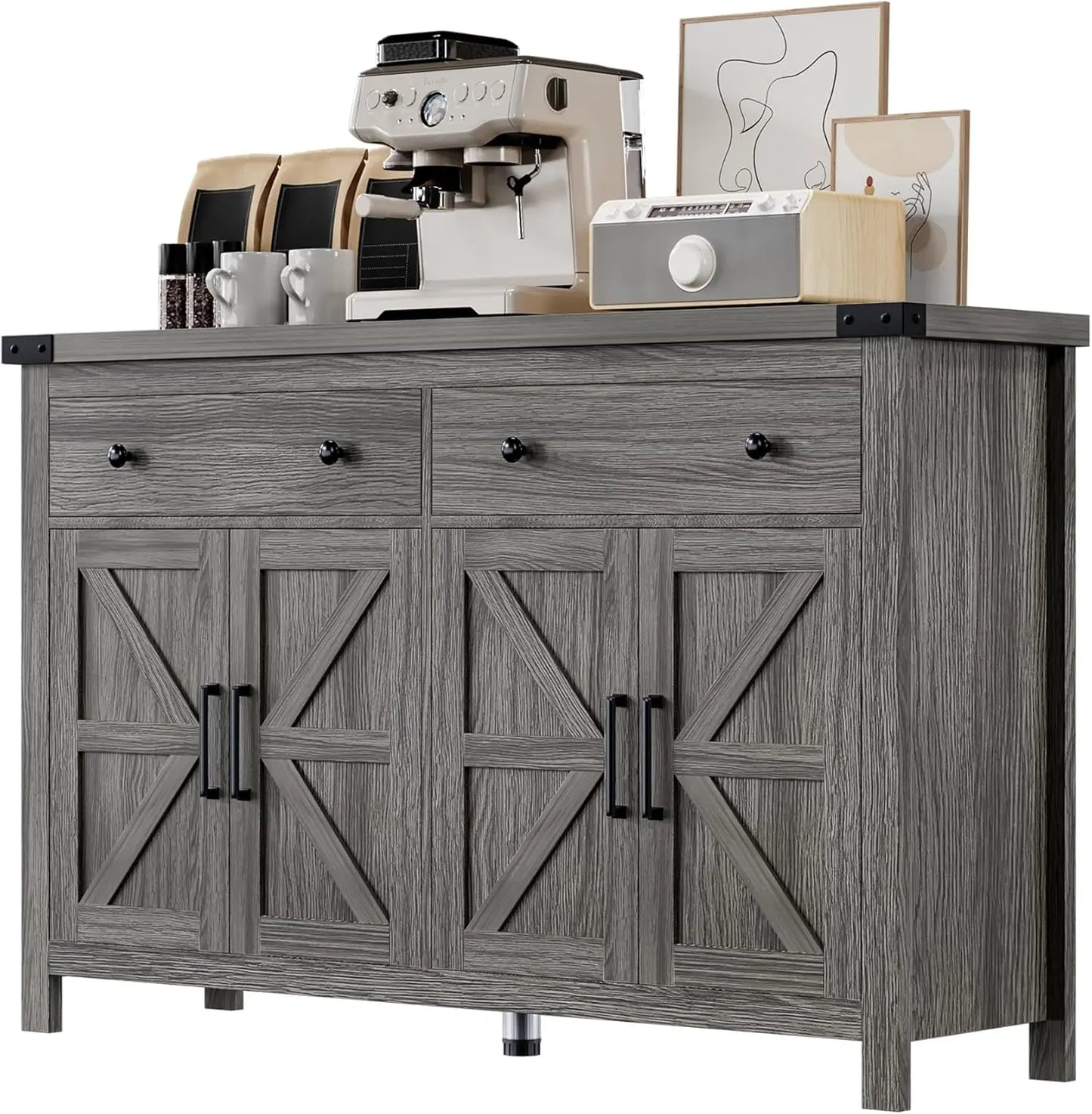 Buffet Cabinet with Storage Farmhouse with 4 Doors and 2 Drawers, 55'' Large Kitchen Storage Cabinet Cherry Wood Coffee Bar