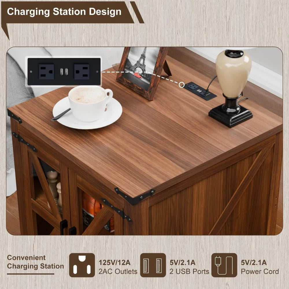 Farmhouse End Table, 24" Large Wood Square Nightstand with Doors, Sofa Side Table Set of 2 with Charging Station Modern Nightst