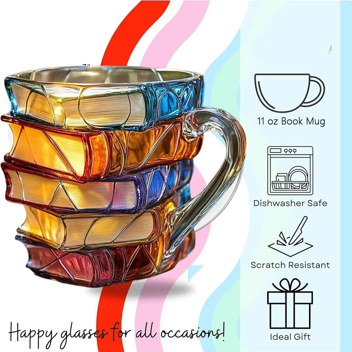 Painted Book Mug, 3D Colored Glass Book Coffee Mug, Novelty Unique Books Stack Coffee Cup, Gifts For Literature Book Lovers