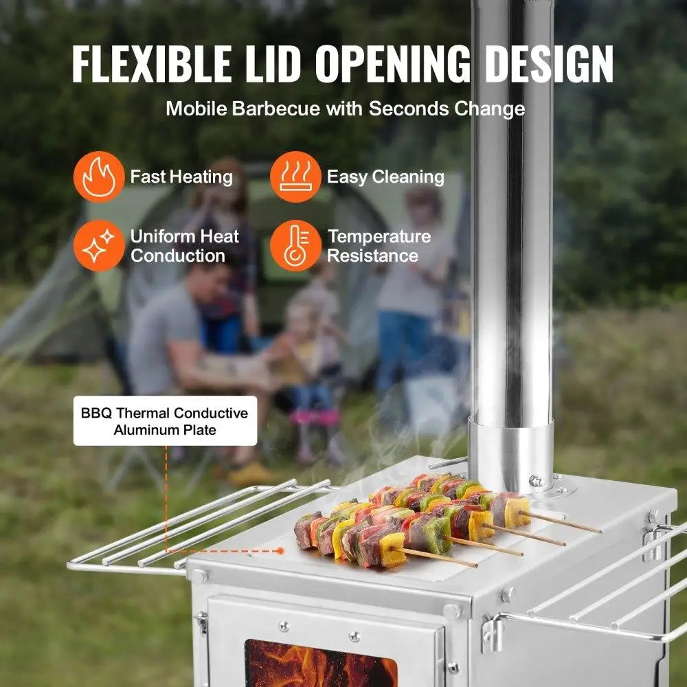 Stainless Steel Camping Wood Stove Portable Built-in Chimney 80 700in³ Firebox for outdoor Cooking Heating Multi-Functional