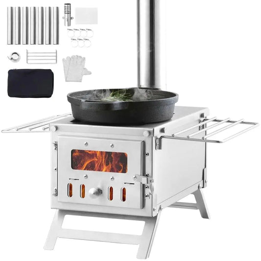 Stainless Steel Camping Wood Stove Portable Built-in Chimney 80 700in³ Firebox for outdoor Cooking Heating Multi-Functional