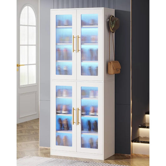 Tall Shoe Storage Cabinet with Acrylic Doors and LED Lights, 8-Tier Entryway Shoe Organizer Rack with Adjustable Shelves and Ha