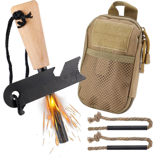 Fire Starter Survival Tool Kit with Magnesium Rod Two Wick Hemp Cords and Multifunctional Outdoor Bag