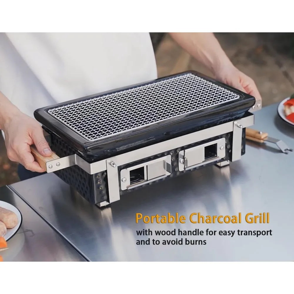 Onlyfire Charcoal BBQ Grill Hibachi Grill with Grid Lifter, Portable Yakitori Grill with Stainless Steel Grate, Barbecue Stove f
