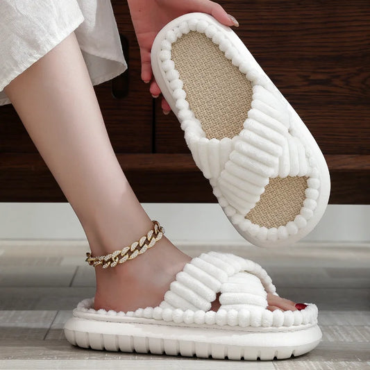 2025 Autumn Winter New Women Home Slippers Open-Toe Cross Band Linen Soled Indoor Slides Linen Soled Non-Slip Bathroom Slippers