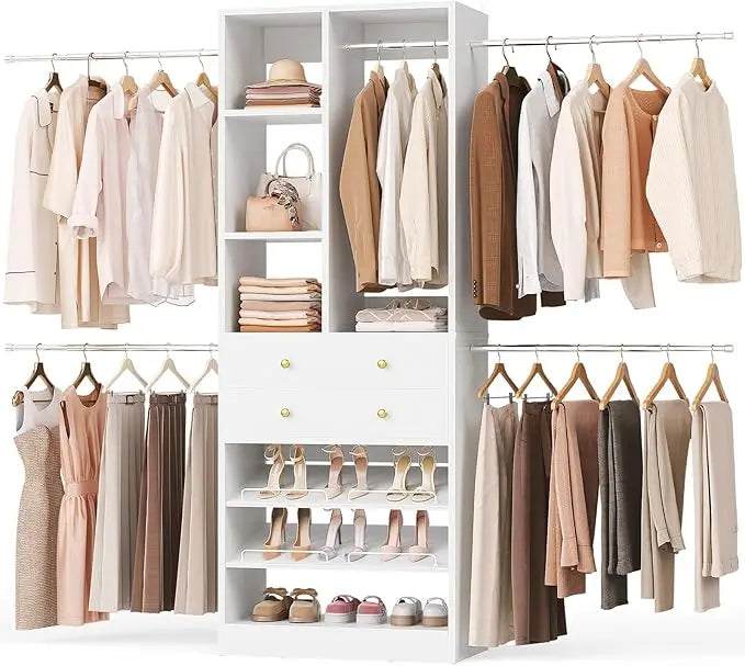 Closet System, 4-8.8 FT Closet Organizer with 2 Wooden Drawers and Shelves, Walk-in Closet System with 5 Hang Rods, Built-in Rea