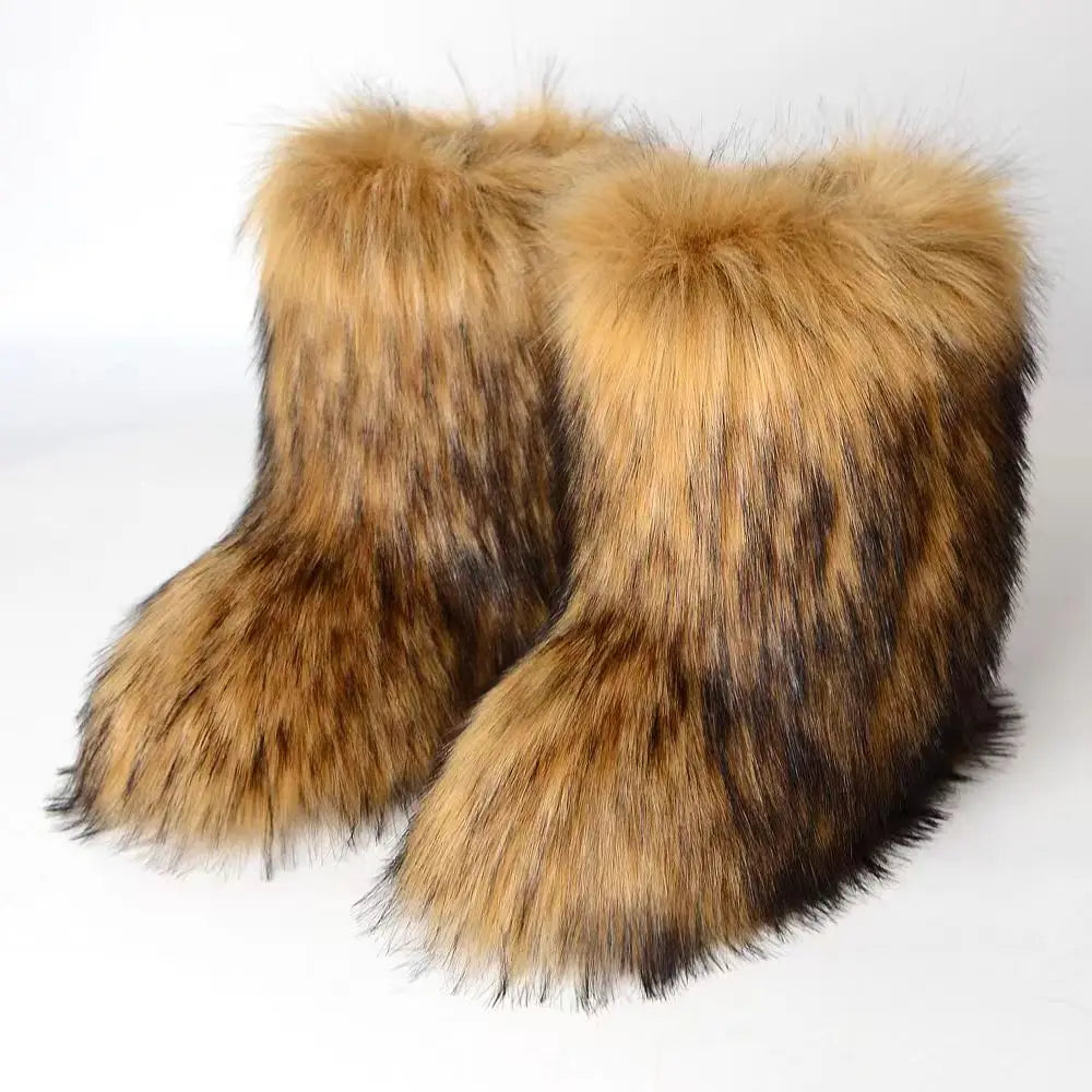 Winter Fuzzy Boots Women Furry Shoes Fluffy Fur Snow Boots Plush lining Slip-on Rubber Flat Outdoor Bowtie Warm Ladies Footwear