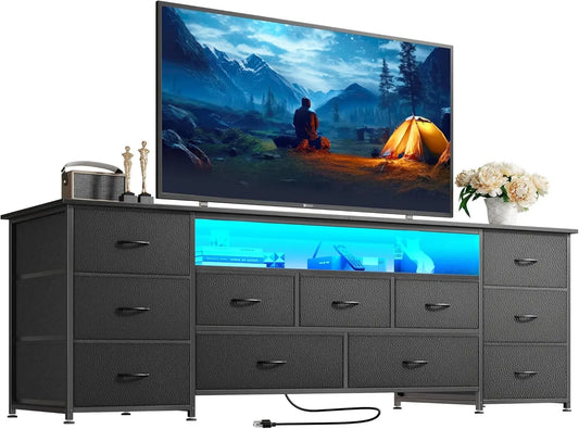 63 Inch TV Stand for 65, 70 Inch TV, 11 Drawer Long Dresser with Power Outlets and LED Lights, Entertainment Center with Storage