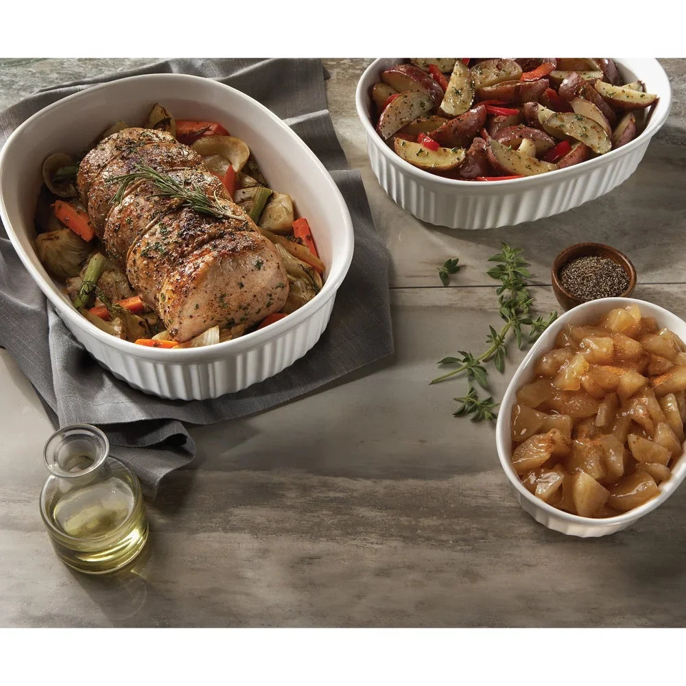 French White Ceramic Casserole Dish Oven Safe Bakeware Set with Glass Lid Durable Non-Porous Stoneware Kitchen to Table Ideal