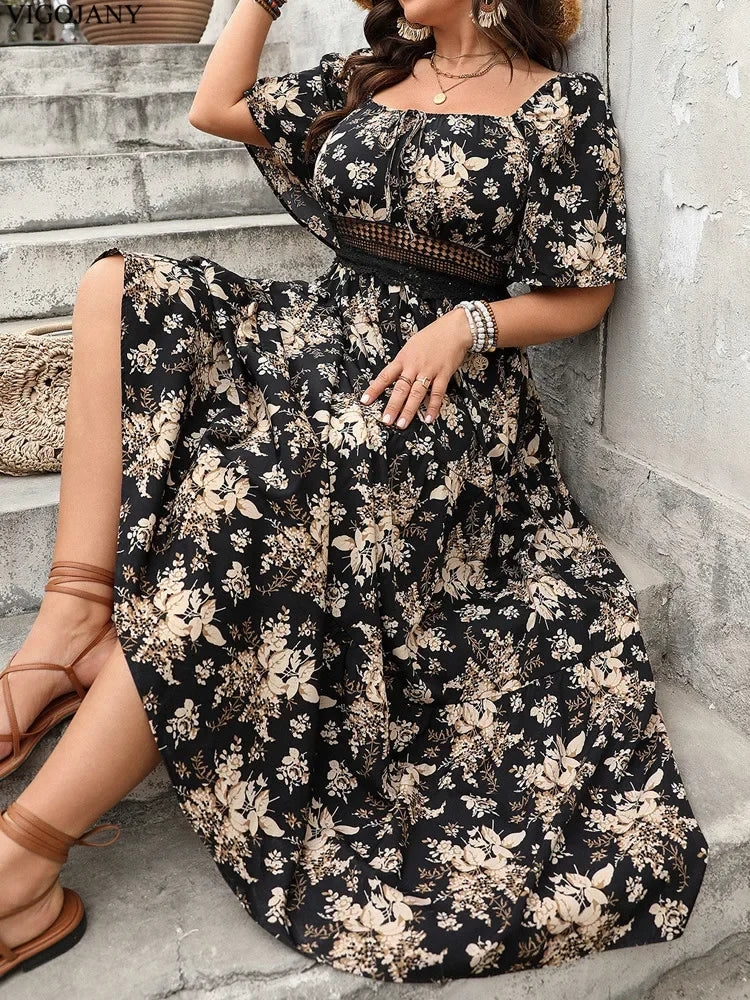 2025 Summer Print Plus Size Long Dress Women Short Sleeve Casual Large Dress Lady Square Collar Chubby Curvy Dresses