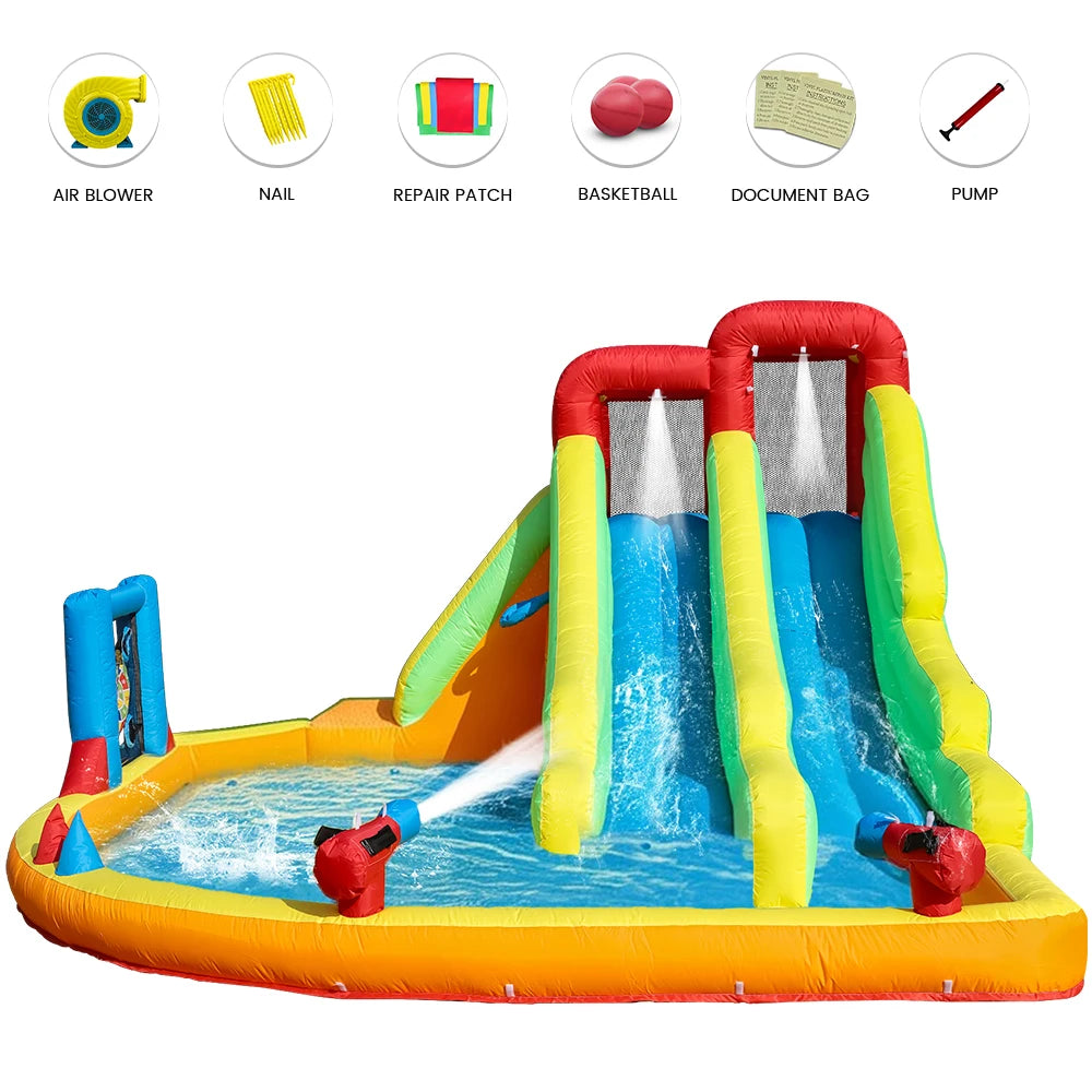 Kids Inflatable Double Water Slide Bounce House w/Water Gun Climbing Wall Dart Commercial children's playground