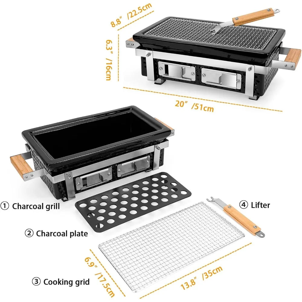 Onlyfire Charcoal BBQ Grill Hibachi Grill with Grid Lifter, Portable Yakitori Grill with Stainless Steel Grate, Barbecue Stove f