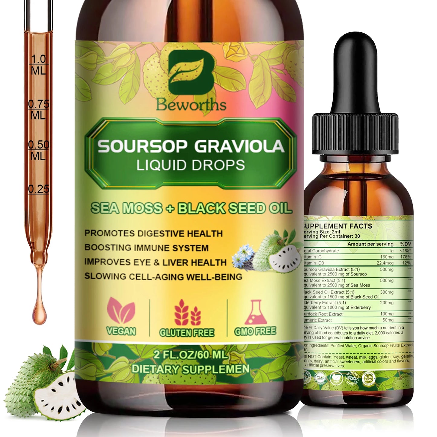 Beworths 60ml Soursop Graviola Extract Drops for Immunity and Kidney Health Detox and Antioxidation Gluten Free