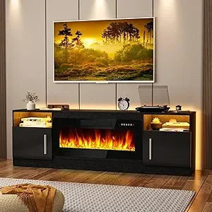 Fireplace TV Stand Entertainment Center with 36" Fireplace, 70" Wooden TV Stand for TVs Up to 80",Media TV Console with High Gl