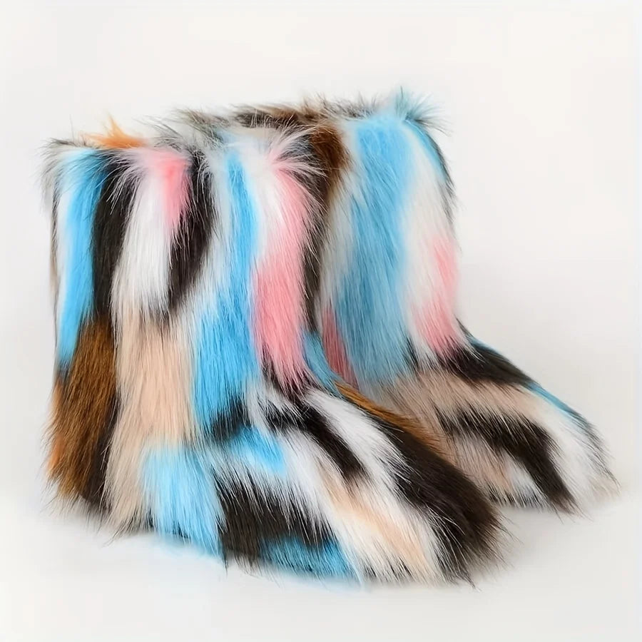 Winter Fuzzy Boots Women Furry Shoes Fluffy Fur Snow Boots Plush lining Slip-on Rubber Flat Outdoor Bowtie Warm Ladies Footwear