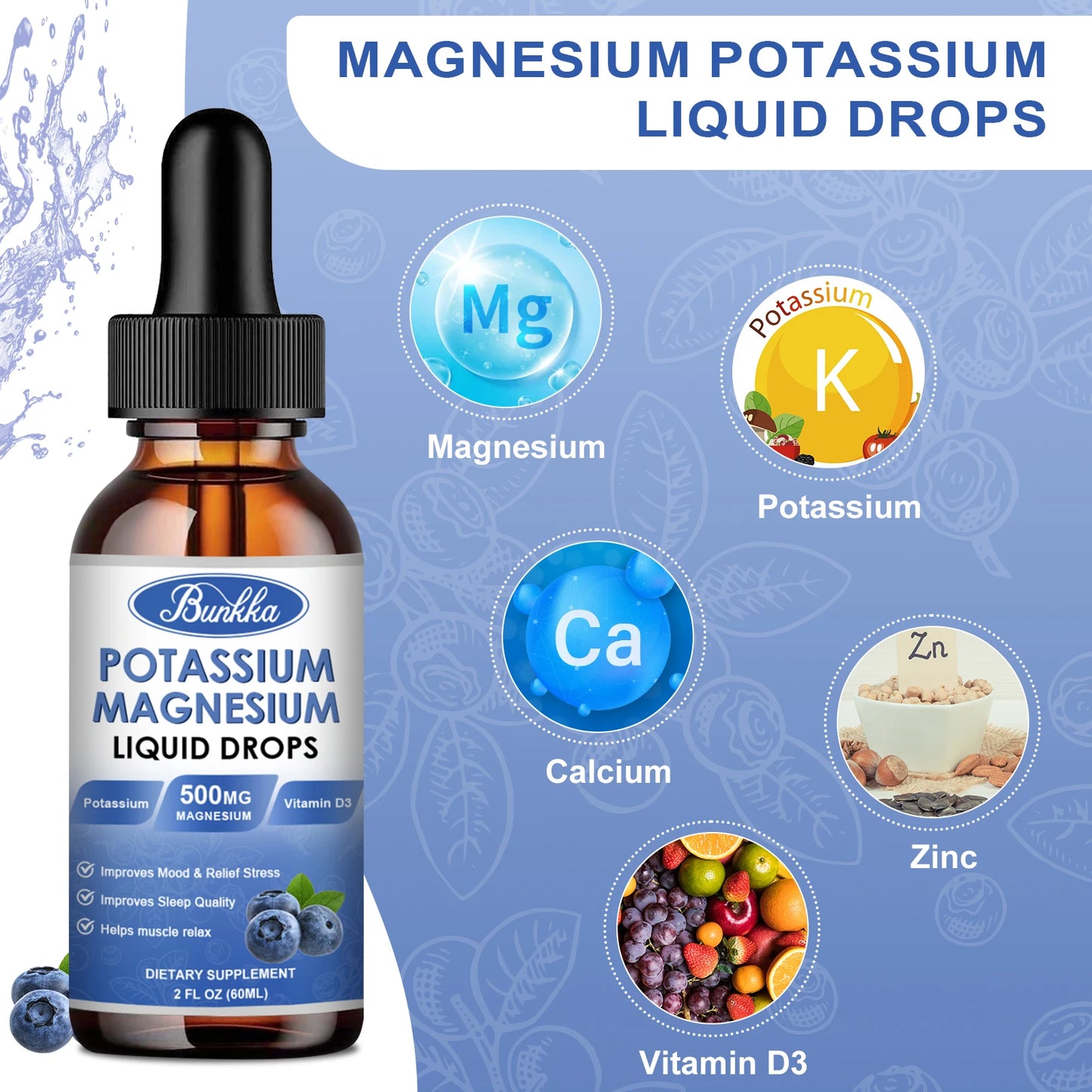 Potassium Magnesium Supplement Liquid High Absorption Calm Magnesium Complex 500mg Potassium 99mg Calcium Vitamin D3 Zinc