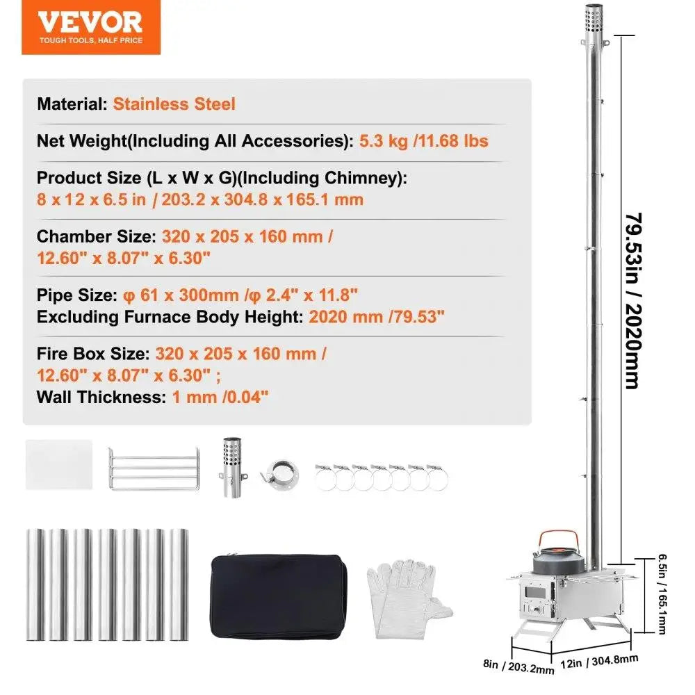 Stainless Steel Camping Wood Stove Portable Built-in Chimney 80 700in³ Firebox for outdoor Cooking Heating Multi-Functional