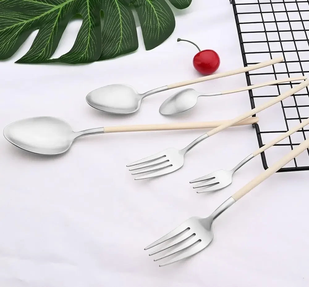 Silverware Set, 8-piece Pink Gold Stainless Steel Set(Off-White Silver,6Set)
