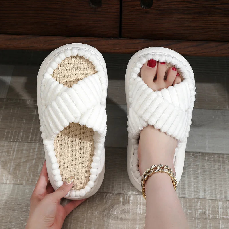 2025 Autumn Winter New Women Home Slippers Open-Toe Cross Band Linen Soled Indoor Slides Linen Soled Non-Slip Bathroom Slippers