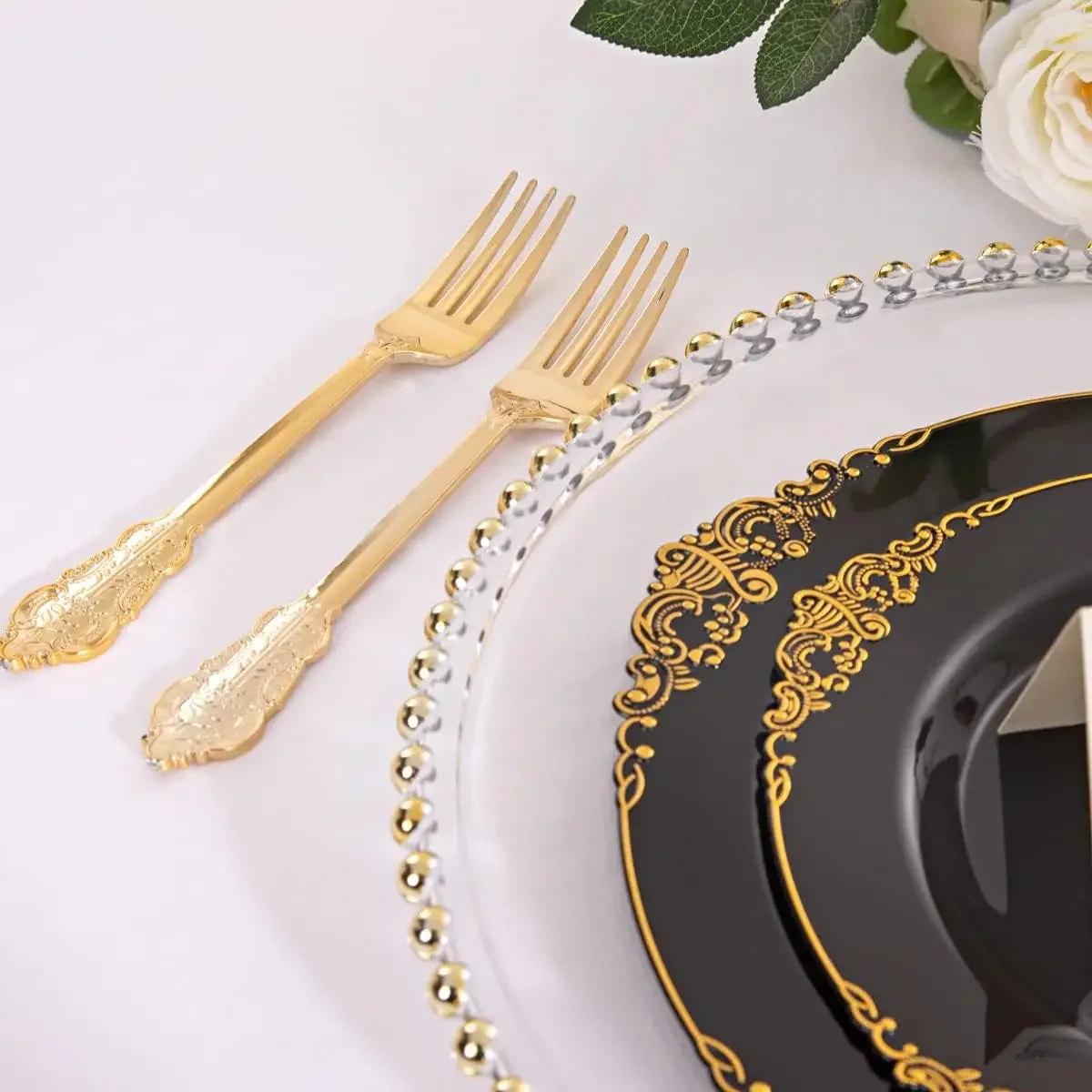 100PCS Black and Gold Plastic Plates - 10.25Inch Black Disposable Plates - Black Plastic Dinner Plates for Wedding & Parties