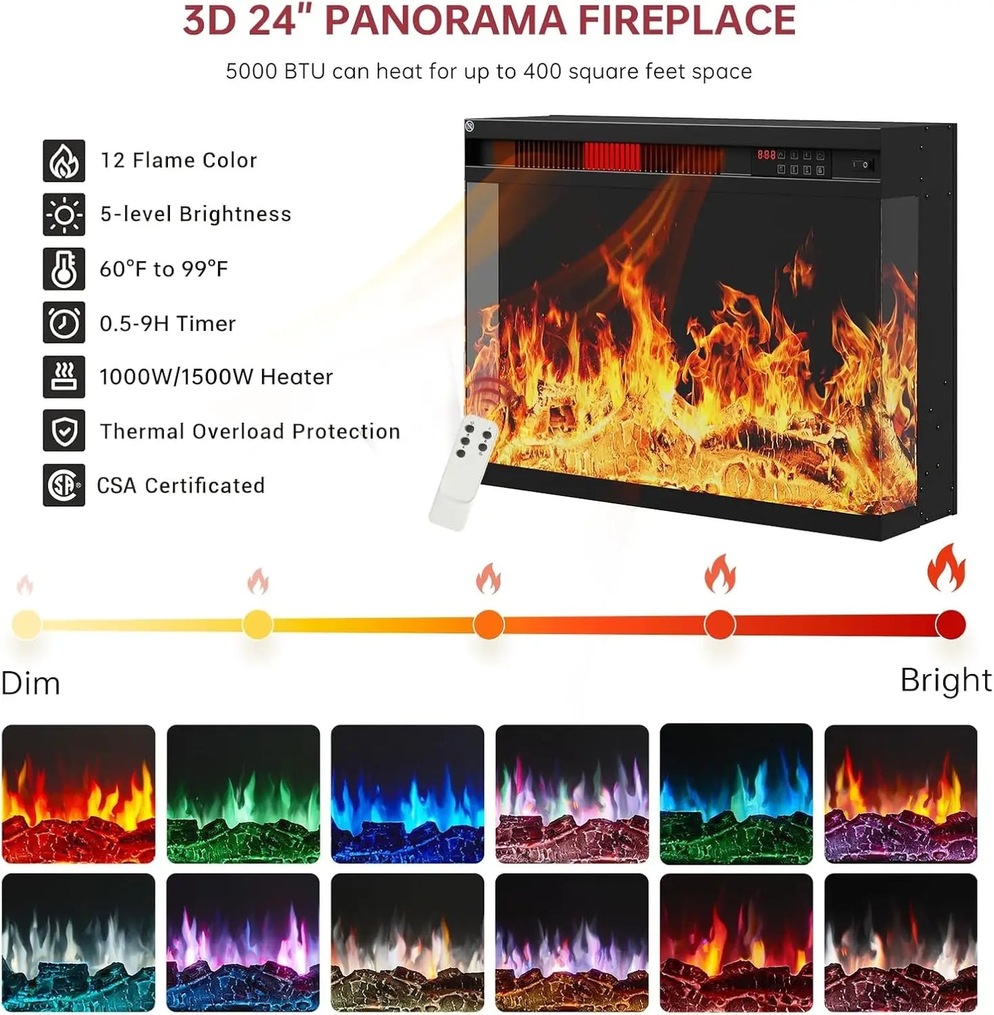 59"Glass Fireplace TV Stand w/ 3-Sided View - Holds 65" TVs | Adjustable Flame LED Colors & Glass Doors
