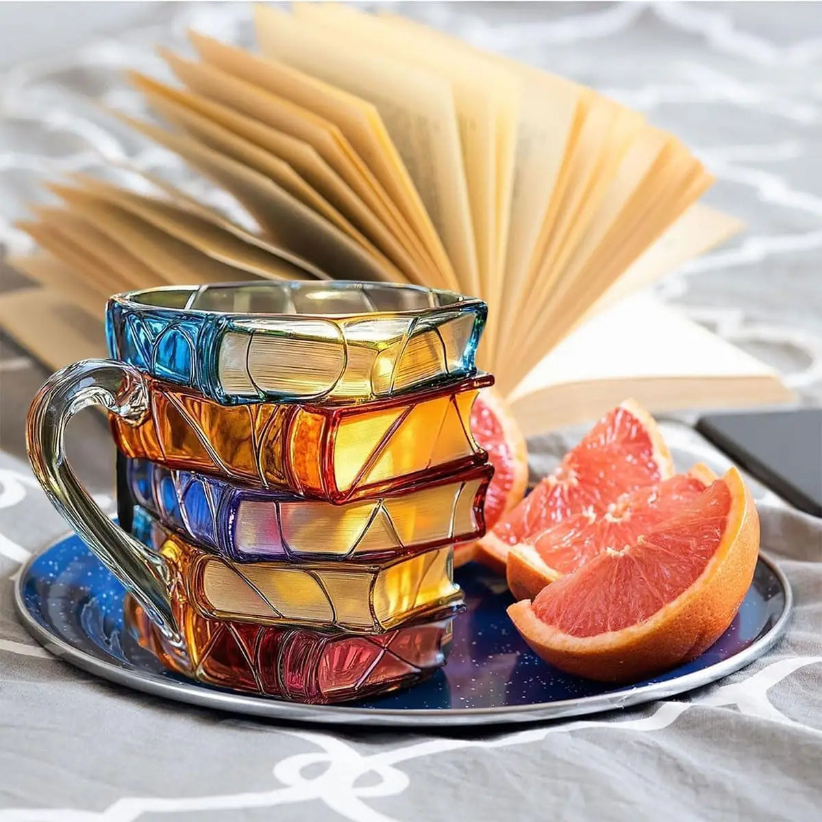 Painted Book Mug, 3D Colored Glass Book Coffee Mug, Novelty Unique Books Stack Coffee Cup, Gifts For Literature Book Lovers