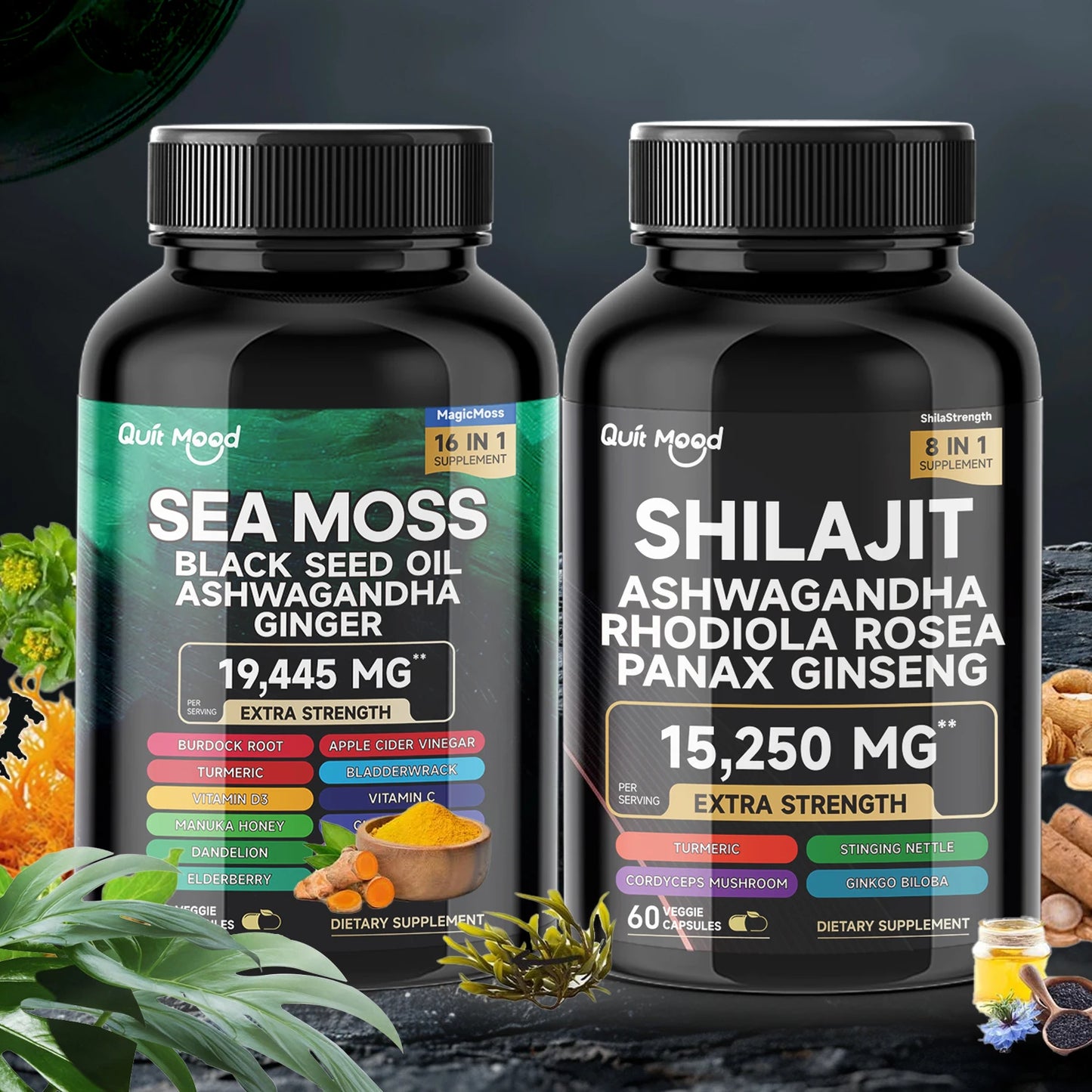 Sea Moss and Shilajit Bundle 120 Capsules with Black Seed Oil Ashwagandha Ginger Burdock Root Turmeric and Black Pepper