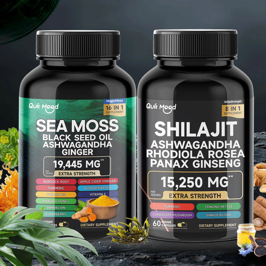 Sea Moss and Shilajit Bundle 120 Capsules with Black Seed Oil Ashwagandha Ginger Burdock Root Turmeric and Black Pepper