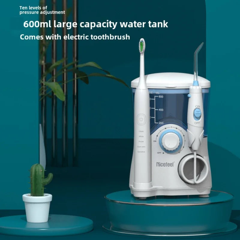 2-in-1 Electric Toothbrush Water Flosser Oral Irrigator 600ML Desktop Water Flosser Dental Irrigation with 7 Nozzles for Homeuse