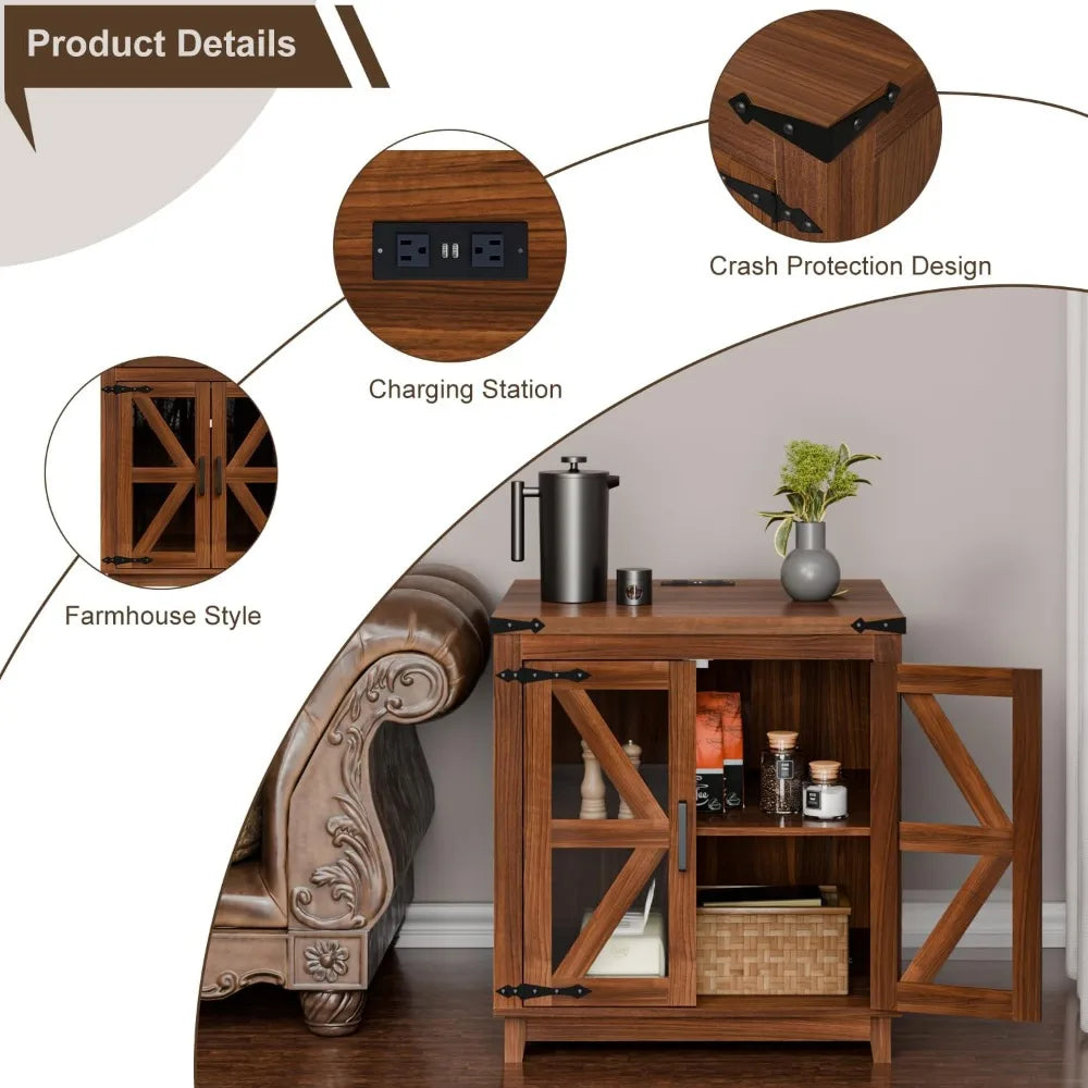 Farmhouse End Table, 24" Large Wood Square Nightstand with Doors, Sofa Side Table Set of 2 with Charging Station Modern Nightst