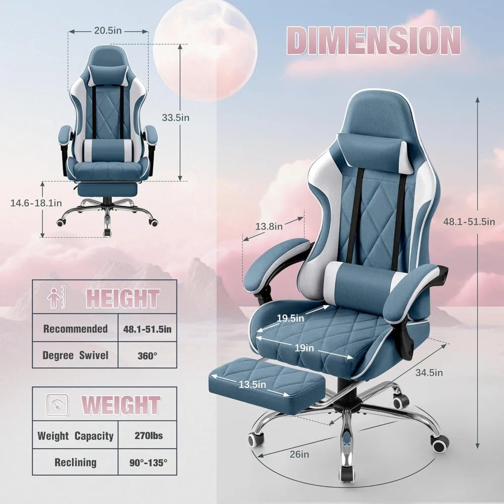 Gaming Chair, Computer Chair with Footrest and Massage Lumbar Support, Breathable Fabric High Back Video Game Chair with Swivel