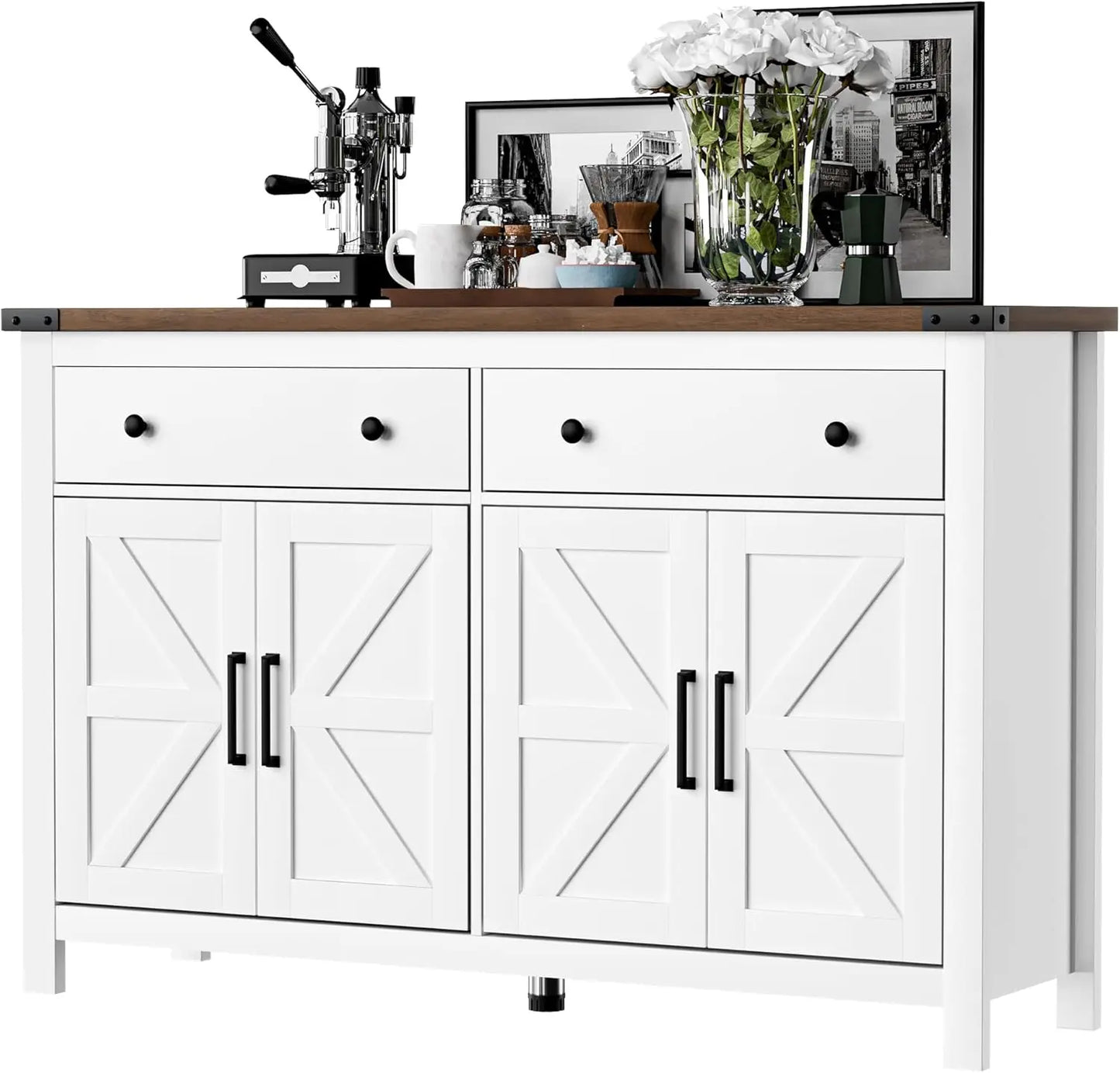 Buffet Cabinet with Storage Farmhouse with 4 Doors and 2 Drawers, 55'' Large Kitchen Storage Cabinet Cherry Wood Coffee Bar