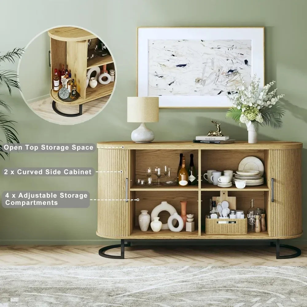 Sideboard Buffet Cabinet with Storage, 54.3" Fluted Buffet Cabinet with Tambour, Sideboard Buffet with Adjustable Shelves