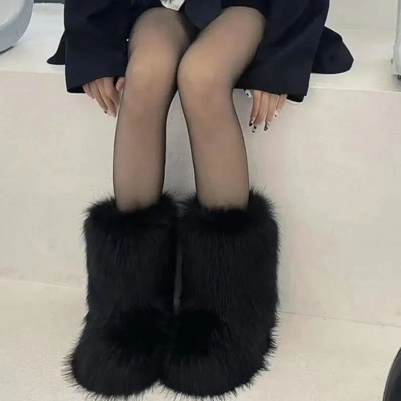 Winter Fuzzy Boots Women Furry Shoes Fluffy Fur Snow Boots Plush lining Slip-on Rubber Flat Outdoor Bowtie Warm Ladies Footwear