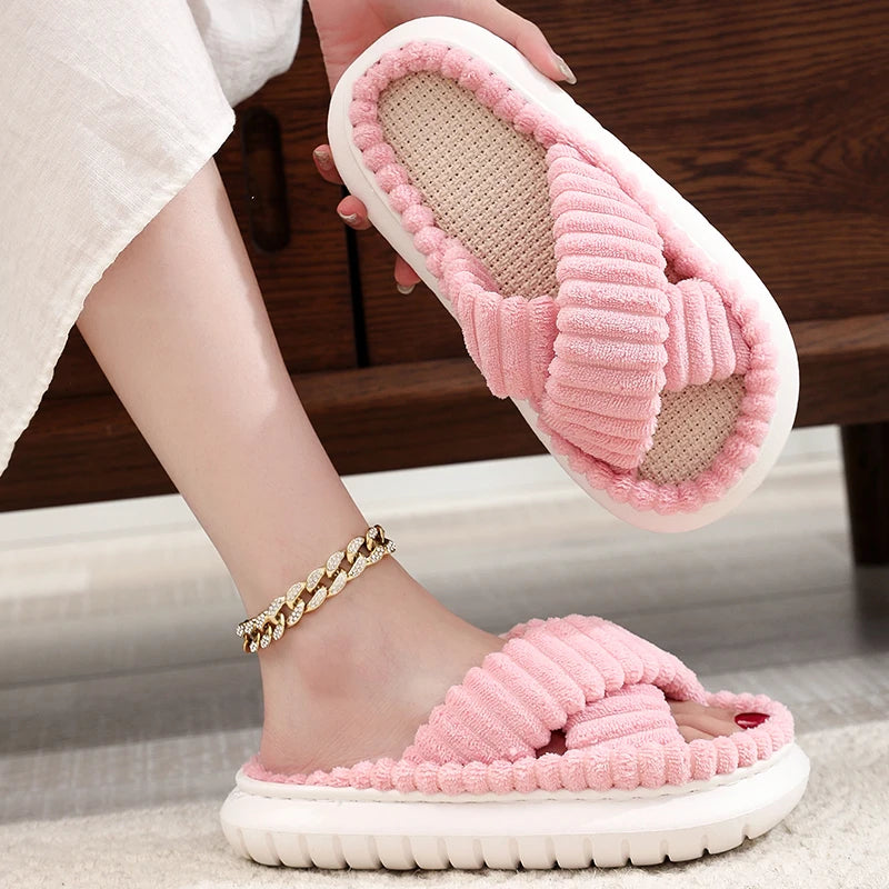 2025 Autumn Winter New Women Home Slippers Open-Toe Cross Band Linen Soled Indoor Slides Linen Soled Non-Slip Bathroom Slippers